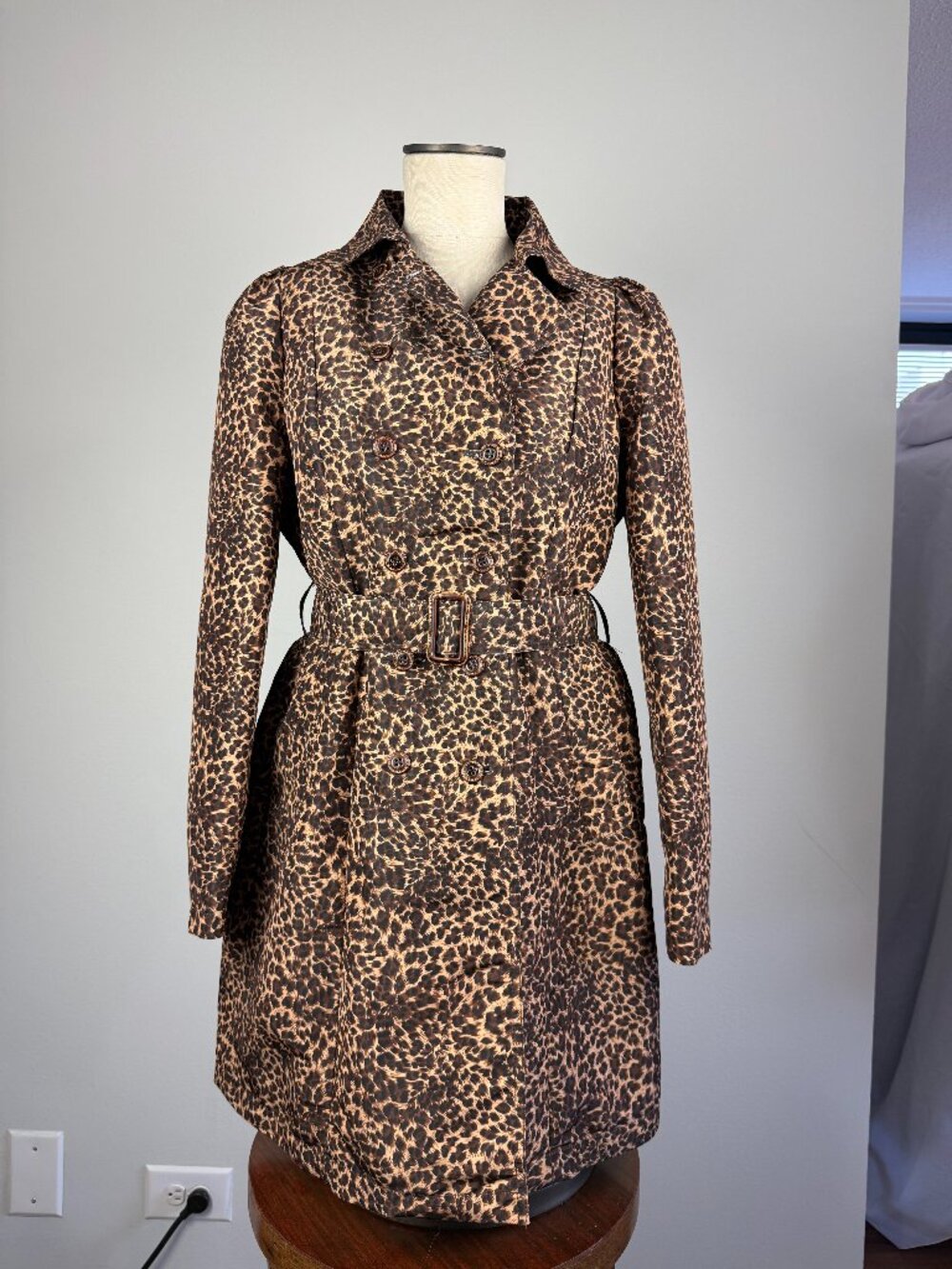 Ashley Brooks padded DB trench in leopard print